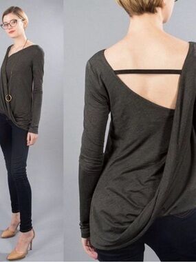 Betabrand Aphrodite Draped Asymmetrical Long-Sleeve Top: Charcoal